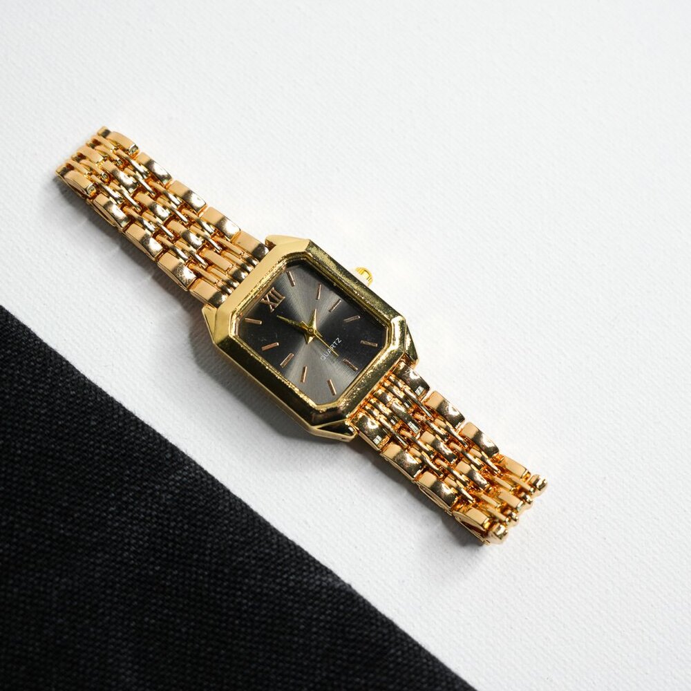 Gold Rectangle Analog Watch Dark Gray Dial